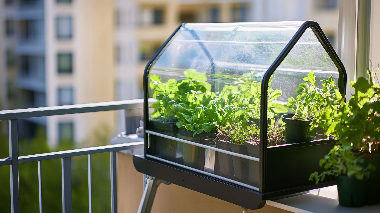 Kompaktes Gewächshaus mit Blumentopf und Kräutern auf Stadtbalkon, modernes Gärtnern auf kleiner Fläche