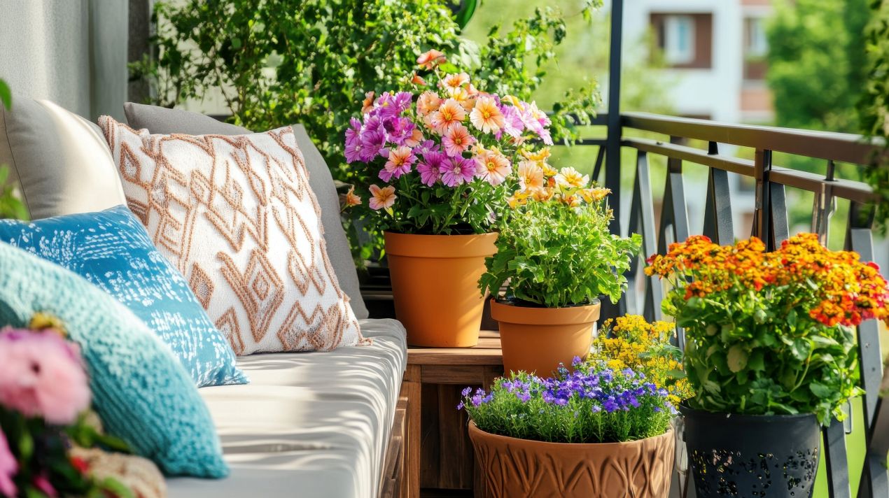 Blumen im Blumentopf auf Stadtbalkon mit Kissen und Sitzfläche, perfekte Szene für urbanes Gärtnern