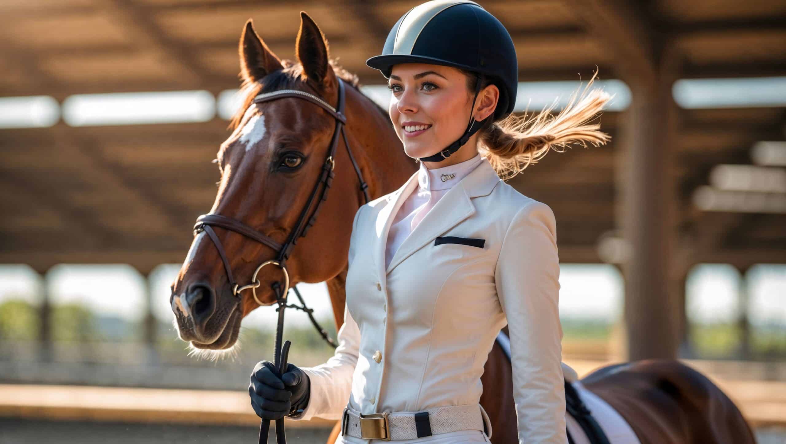 Smiling rider leading hunter jumper horse at training facility