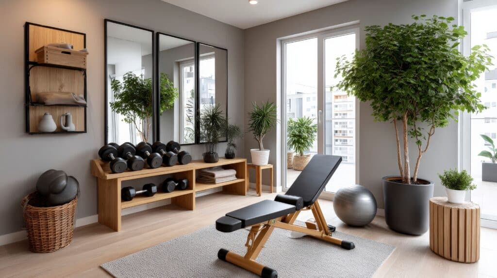Modernes Home-Gym-Interieur mit Hanteln und Trainingsgeräten in einem hellen, minimalistischen Raum mit Pflanzen