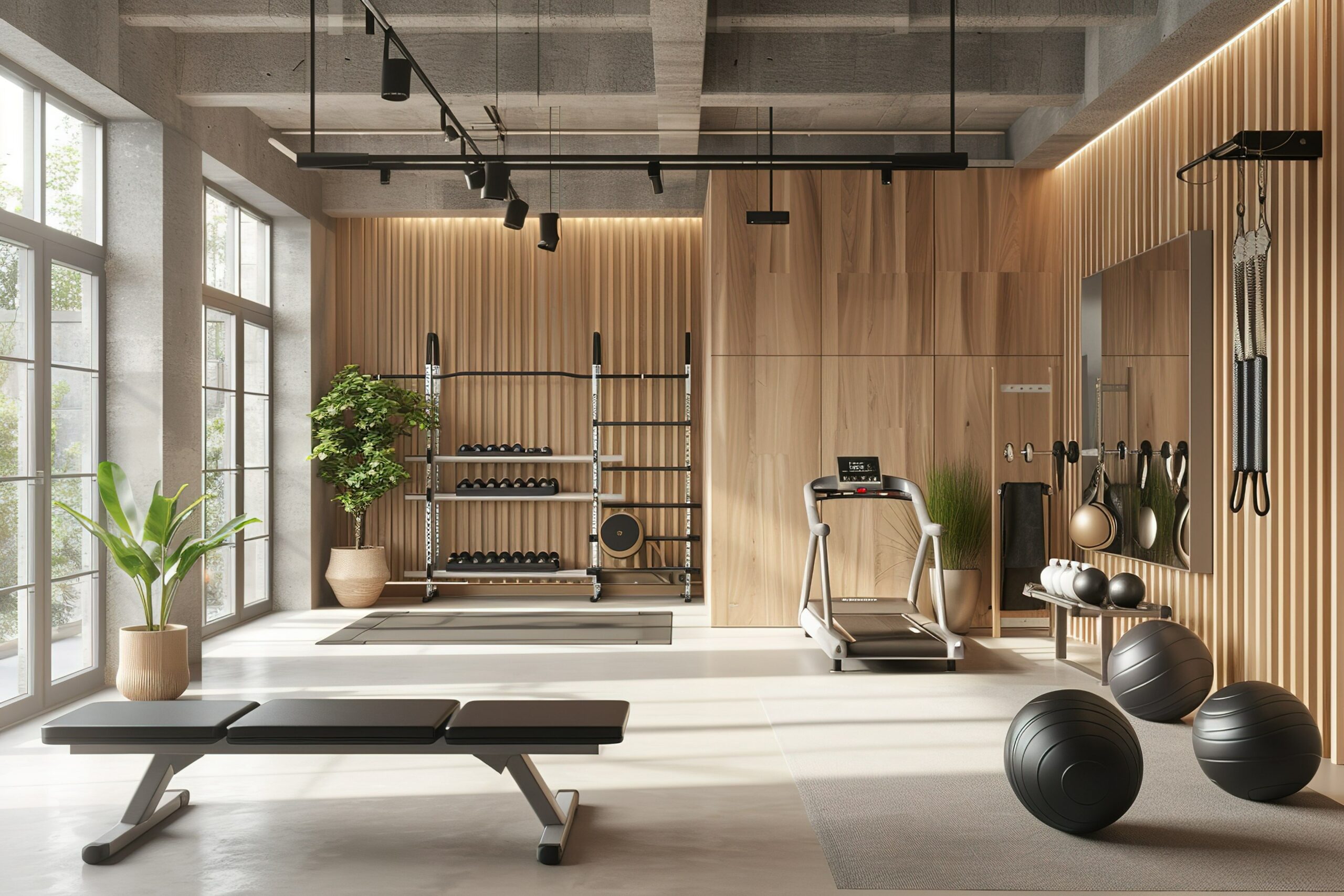 modernes konzeptionelles Luxus-Minimalistisches, vom skandinavischen Stil inspiriertes stylisches Fitnessstudio mit klaren Linien und hellen Farben, zeitgemäßes, helles, stilvolles Interieur. 3D-Rendering