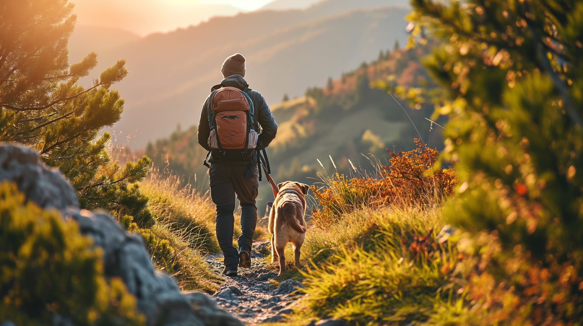 Wanderer mit Hund auf Bergpfad im goldenen Abendlicht | purinarmes Hundefutter